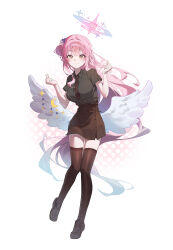 Rule 34 | 1girl, absurdres, alternate costume, black footwear, black shirt, black thighhighs, blue archive, blush, brown skirt, casual, commentary request, double finger heart, feathered wings, finger heart, full body, hair bun, halo, highres, long hair, looking at viewer, mika (blue archive), ninebell, pink hair, shirt, single side bun, skirt, smile, solo, thighhighs, very long hair, white wings, wings, zettai ryouiki