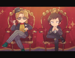 Rule 34 | 2boys, arm support, blonde hair, brown hair, cigarette, crossed arms, formal, hat, highres, holding, holding cigarette, jewelry, jimmy valmer, mini hat, mini top hat, multiple boys, nathan (south park), nojiko (natumag), red-tinted eyewear, ring, short hair, sitting, smile, south park, suit, sunglasses, tinted eyewear, top hat, uneven eyes