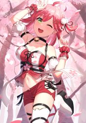 1girl ;d absurdres ahoge arm_up bell black_choker black_ribbon blush boots breasts cat_hair_ornament cherry_blossoms choker cleavage collarbone commentary_request detached_sleeves floating_hair forest green_eyes hair_ornament highres hololive kurageso leg_ribbon long_hair medium_breasts midriff nail_polish nature navel neck_bell official_alternate_costume one_eye_closed open_mouth pink_hair pink_nails red_ribbon red_shorts ribbon sakura_miko sakura_miko_(work) short_shorts short_sleeves shorts smile solo spring_(season) standing standing_on_one_leg stomach thigh_boots thighhighs tree virtual_youtuber white_boots white_sleeves zettai_ryouiki