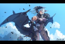 Rule 34 | 1girl, absurdres, ahoge, armor, bare shoulders, blue hair, bodysuit, breasts, cable, covered navel, dragon girl, dragon horns, dragon tail, dragon wings, headgear, highres, horns, large breasts, letterboxed, looking at viewer, mecha musume, natsukaze shigure, original, red eyes, skin tight, smoke, standing, tail, wings