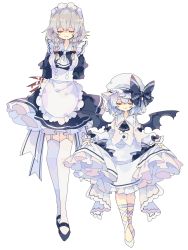 Rule 34 | 2girls, apron, arms behind back, ascot, bat wings, black ascot, black bow, blood, bloody weapon, blue hair, bow, braid, closed eyes, closed mouth, clothes lift, dress, full body, grey hair, hair bow, hat, hat bow, highres, izayoi sakuya, juliet sleeves, knife, light blue hair, long sleeves, maid, maid apron, maid headdress, mob cap, multiple bows, multiple girls, nikorashi-ka, puffy sleeves, remilia scarlet, shirt, short hair, side braids, simple background, skirt, skirt lift, smile, standing, thighhighs, touhou, twin braids, weapon, white apron, white ascot, white background, white dress, white footwear, white headwear, white legwear, white shirt, white skirt, wings