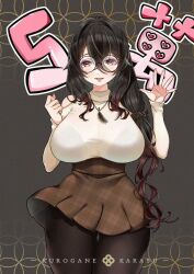 Rule 34 | 1girl, allenhalo, black pantyhose, breasts, brown skirt, brown sweater, character name, chinese commentary, clothing cutout, floating clothes, glasses, grey background, heart, highres, kurogane karasu, large breasts, long hair, nkshoujo, open hand, open mouth, orange eyes, pantyhose, round eyewear, shoulder cutout, skirt, smile, solo, sweater, sweater tucked in, very long hair, virtual youtuber