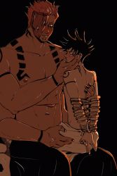 Rule 34 | 2boys, abs, animal skull, back, black hair, black nails, bound, bound arms, chest tattoo, dress, extra arms, extra eyes, facial tattoo, frown, fushiguro megumi, green eyes, hand on another&#039;s cheek, highres, jujutsu kaisen, large pectorals, looking at another, male focus, multiple boys, muscular, muscular male, nail polish, nipples, own hands together, pectorals, pink hair, red eyes, ryoumen sukuna (jujutsu kaisen), short hair, shoulder tattoo, sitting, sitting on lap, sitting on person, size difference, spiked hair, sserupiko, tattoo, tongue, tongue out, topless male, undressing another, white dress, yaoi
