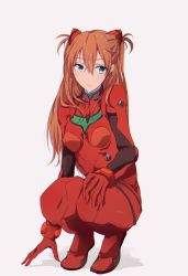 Rule 34 | 1girl, blue eyes, bodysuit, bracer, breasts, brown hair, expressionless, full body, gloves, hair between eyes, hair ornament, hand on own knee, headgear, highres, long hair, looking to the side, najuco (naju0517), neon genesis evangelion, orange hair, pilot suit, plugsuit, shadow, simple background, small breasts, solo, souryuu asuka langley, squatting, turtleneck, two side up, white background