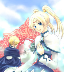 Rule 34 | 1boy, 1girl, blonde hair, blue eyes, blush, breasts, cape, capelet, dress, fenimore, long hair, lowres, mochi (tukimo), open mouth, short hair, tales of (series), tales of legendia, twintails, walter delques