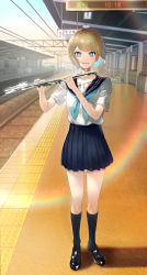 Rule 34 | 1girl, absurdres, black footwear, black sailor collar, black socks, blouse, blue eyes, blue neckerchief, blue skirt, collarbone, commentary request, crying, crying with eyes open, flute, full body, gawako, hands up, highres, instrument, kneehighs, lens flare, light brown hair, looking at viewer, miniskirt, music, neckerchief, original, outdoors, parted lips, playing instrument, pleated skirt, railroad tracks, sailor collar, school uniform, shadow, shirt, shirt tucked in, shoes, short hair, short sleeves, skirt, socks, solo, tears, teeth, train station platform, upper teeth only, white shirt