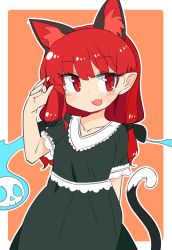 Rule 34 | alternate costume, alternate hairstyle, animal ear fluff, animal ears, bow, cat ears, cat tail, dress, extra ears, fang, frills, ghost, green dress, hair down, ini (inunabe00), kaenbyou rin, long hair, orange background, pointy ears, red eyes, red hair, simple background, skull, slit pupils, smile, solo, subterranean animism, tail, touhou, tsurime
