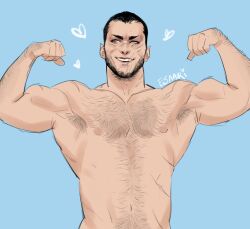 Rule 34 | 1boy, armpits, bara, beard, black hair, blue background, character request, chest hair, copyright request, double biceps pose, esaart, facial hair, flexing, hairy, heart, heart print, linea alba, male focus, muscular, muscular male, navel, pectorals, short hair, simple background, smile, solo, teeth