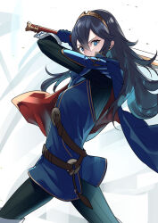 Rule 34 | 1girl, ameno (a meno0), armor, black sweater, blue cape, blue eyes, blue gloves, blue hair, cape, commentary request, falchion (fire emblem), fire emblem, fire emblem awakening, gloves, hair between eyes, holding, holding sword, holding weapon, long hair, long sleeves, looking at viewer, lucina (fire emblem), nintendo, pauldrons, red cape, ribbed sweater, shoulder armor, solo, sweater, sword, tiara, two-tone cape, weapon