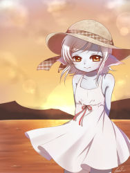 Rule 34 | 1girl, bad id, bad pixiv id, blue skin, brown eyes, colored skin, dress, gelulu, hat, league of legends, looking at viewer, short hair, signature, solo, standing, sun hat, sunset, tristana, white dress, white hair