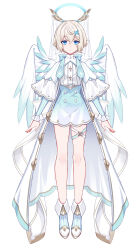 Rule 34 | 1other, :|, absurdres, androgynous, angel, angel wings, ankle boots, arms at sides, back bow, blonde hair, blue bow, blue eyes, blue footwear, blue shorts, blue sleeves, blue wings, boots, bow, buttons, closed mouth, coat, double-breasted, expressionless, frilled sleeves, frills, full body, gradient clothes, gradient shorts, gradient wings, hair between eyes, hair ornament, halo, high-waist shorts, highres, hinata amatyuka, indie virtual youtuber, layered sleeves, long coat, long sleeves, looking at viewer, macchoko, multicolored wings, official art, open clothes, open coat, other focus, shirt, short hair, short over long sleeves, short sleeves, shorts, simple background, solo, standing, star button, straight-on, striped clothes, striped footwear, striped sleeves, thigh strap, veil, virtual youtuber, white background, white bow, white coat, white footwear, white shirt, white shorts, white veil, white wings, wings, x hair ornament