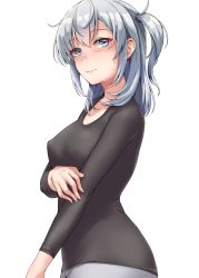 Rule 34 | 1girl, absurdres, black sweater, blue eyes, blush, breasts, casual, closed mouth, collarbone, covered erect nipples, grey pants, highres, kantai collection, kiritto, looking at viewer, medium breasts, medium hair, pants, side ponytail, silver hair, simple background, solo, suzutsuki (kancolle), sweater, white background