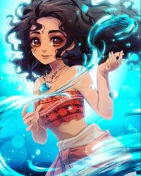 Rule 34 | 1girl, animification, bare shoulders, black hair, breasts, brown eyes, cleavage, collarbone, commentary, dark-skinned female, dark skin, english commentary, floating hair, highres, jewelry, kishishiotani, long hair, looking at viewer, making-of available, medium breasts, midriff peek, moana (movie), moana waialiki, necklace, open hands, orange skirt, orange tube top, skirt, smile, solo, strapless, tube top, underwater, water