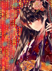 Rule 34 | 1girl, ahma, bead curtain, brown hair, flower, from side, gem, hair flower, hair ornament, hand up, highres, japanese clothes, kimono, long hair, looking at viewer, original, parted lips, pearl (gemstone), red eyes, red kimono, smile, solo