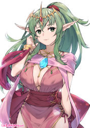 Rule 34 | 1girl, aged up, breasts, cleavage, dragonstone, dress, fire emblem, fire emblem awakening, ge-b, green eyes, green hair, hair ornament, hair ribbon, highres, jewelry, large breasts, long hair, looking at viewer, nintendo, open mouth, pink dress, pointy ears, ponytail, ribbon, short dress, smile, solo, stone, tiara, tiki (adult) (fire emblem), tiki (fire emblem)