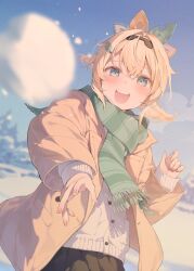 Rule 34 | 1girl, aqua eyes, blonde hair, blush, cardigan, coat, commentary, cowboy shot, crossed bangs, dot nose, green scarf, hair ornament, hana mori, highres, hololive, kazama iroha, leaf hair ornament, looking at viewer, open clothes, open coat, open mouth, outdoors, scarf, snowball, snowball fight, solo, symbol-only commentary, teeth, throwing, upper teeth only, virtual youtuber, white cardigan, winter, winter clothes, winter coat