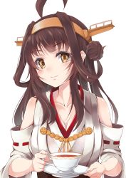 Rule 34 | 10s, 1girl, absurdres, ahoge, bare shoulders, blush, breasts, brown eyes, brown hair, cleavage, collarbone, cup, detached sleeves, double bun, hairband, hazuki gyokuto, headgear, highres, japanese clothes, kantai collection, kongou (kancolle), large breasts, long hair, looking at viewer, nontraditional miko, ribbon-trimmed sleeves, ribbon trim, smile, solo, teacup, upper body, white background