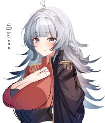 Rule 34 | 1girl, absurdres, azur lane, breasts, cleavage, coat, grey eyes, grey hair, highres, jewelry, large breasts, military uniform, necklace, side ponytail, simple background, smile, solo, suimo (suimodayo), uniform, upper body, vittorio veneto (azur lane), white background
