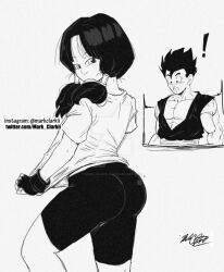 1boy 1girl artist_name ass black_hair blush dragonball_z gloves grin looking_at_another looking_back shorts smile son_gohan standing sweat tomboy twintails videl