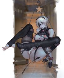 Rule 34 | 1girl, 2b (nier:automata), alternate costume, armpit crease, arms behind back, ass, bdsm, black blindfold, black footwear, black gloves, black thighhighs, blindfold, blue eyes, blurry, blurry background, blush, bondage, boots, bound, breastless clothes, breasts, clothing cutout, collar, commentary, corrupted twitter file, cuffs, elbow gloves, framed breasts, gag, gloves, hair between eyes, hairband, handcuffs, harness, high heels, highres, iuui, knee boots, knees up, large areolae, large breasts, legs, leotard, long legs, looking at viewer, medium hair, nier:automata, nier (series), no shoes, one eye covered, open mouth, puffy nipples, restrained, saliva, sidelocks, silver hair, single thigh boot, sketch background, slave, sleeveless, soles, solo, spread legs, star (symbol), stirrup legwear, suspension, sweatdrop, symbol-only commentary, teeth, thigh boots, thighhighs, thong leotard, toeless legwear, toes, torn clothes, torn thighhighs, unfinished, unworn gag, upper teeth only, white leotard