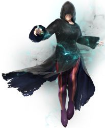 Rule 34 | 1girl, 3d, breasts, cloak, covered eyes, dead or alive, dead or alive 5, electricity, highres, hood, large breasts, official art, pantyhose, phase-4, solo, transparent background