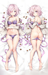 Rule 34 | 1girl, alternate costume, anmi, ass, bare legs, bare shoulders, barefoot, bed sheet, blush, bow, bow bra, bra, breasts, candy, censored, chocolate, chocolate heart, commentary request, dakimakura (medium), eyes visible through hair, fate/grand order, fate (series), feet, food, frilled bra, frills, from above, full body, hair over one eye, heart, large breasts, light purple hair, looking at viewer, looking back, lying, mash kyrielight, medium breasts, multi-strapped panties, multiple views, navel, off shoulder, on back, on stomach, open clothes, open mouth, panties, panty pull, plaid, plaid bra, plaid panties, purple bra, purple eyes, purple panties, ribbon, sample watermark, short hair, smile, underwear, watermark