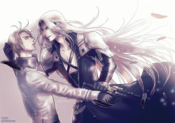Rule 34 | 2boys, armor, artist name, artist request, black coat, black feathers, black gloves, blonde hair, blue eyes, coat, collar, eyebrows, eyelashes, eyes visible through hair, feathers, final fantasy, final fantasy vii, final fantasy vii remake, floating hair, gloves, grabbing another&#039;s hair, high collar, holding, holding weapon, laerel, long hair, looking at another, male focus, multiple boys, parted lips, pectorals, profile, rufus shinra, sephiroth, shiny clothes, short hair, shoulder armor, signature, silver hair, simple background, square enix, twitter username, weapon, wing collar