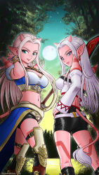 Rule 34 | 2girls, blue eyes, boots, bracelet, breasts, cleavage, colored skin, detached sleeves, dragon quest, dragon quest x, earrings, hand on own hip, horns, jewelry, large breasts, long hair, looking at viewer, midriff, multiple girls, ogre (dq10), pink hair, pink skin, pointy ears, polearm, purple eyes, shorts, silver hair, smile, spear, spikes, standing, sword, tail, tattoo, ur (wulfa), weapon