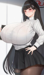 Rule 34 | 1girl, alternate breast size, black hair, black pantyhose, black skirt, blue archive, blush, breasts, bright pupils, chomikuplus, commentary request, curvy, gigantic breasts, hair ornament, hairclip, halo, highres, holding, holding tablet pc, holster, long hair, looking at viewer, pantyhose, partial commentary, pleated skirt, red eyes, ribbed sweater, rio (blue archive), skirt, solo, sweater, sweater tucked in, tablet pc, thick thighs, thigh holster, thighs, turtleneck, turtleneck sweater, very long hair, watch, white pupils, white sweater, wristwatch
