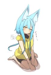 Rule 34 | 1girl, absurdres, animal ear fluff, animal ears, bare arms, barefoot, bike shorts, black shorts, blue hair, blush, closed mouth, commentary request, drawstring, full body, hair between eyes, head tilt, highres, hood, hood down, hoodie, idaten93, jitome, long hair, looking at viewer, original, shorts, sidelocks, simple background, sitting, sleeveless, sleeveless hoodie, solo, terufu-chan, translation request, very long hair, wariza, white background, yellow eyes, yellow hoodie