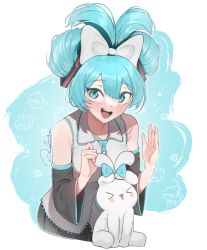 Rule 34 | 1girl, absurdres, adomiwan, black skirt, black sleeves, blue bow, blue hair, blue necktie, blush, bow, breasts, cinnamiku, cinnamoroll, collared shirt, crossover, detached sleeves, grey shirt, hair between eyes, hair bow, hatsune miku, highres, leaning forward, looking to the side, necktie, open hand, sanrio, shirt, skirt, sleeveless, sleeveless shirt, small breasts, smile, solo focus, tied ears, twintails, updo, vocaloid, white bow