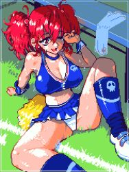 Rule 34 | 1girl, ;d, arm support, bench, blue skirt, breasts, cheerleader, cleavage, commentary, commission, english commentary, full body, grass, highres, large breasts, looking at viewer, one eye closed, onozuka komachi, open mouth, outdoors, panties, pixel art, pxlfrug, red hair, short hair, skirt, skull print, smile, solo, sweat, touhou, touhou lostword, towel, two side up, underwear, white footwear, white panties