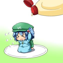 Rule 34 | &gt; &lt;, 1girl, backpack, bag, blue hair, blush, closed eyes, female focus, flying sweatdrops, hair bobbles, hair ornament, hat, jinnouchi akira, kawashiro nitori, kneeling, mayonnaise, open mouth, plate, short hair, solo, tears, touhou, trembling, twintails, two side up