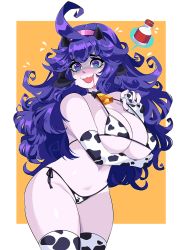 Rule 34 | 1girl, @ @, ahoge, animal ears, animal print, bare shoulders, bell, bikini, border, breasts, cleavage, cow print, cowbell, cowboy shot, creatures (company), curly hair, curvy, drooling, elbow gloves, fake animal ears, fake horns, fingerless gloves, game freak, gloves, hairband, hex maniac (pokemon), highres, horns, large breasts, long hair, looking at viewer, messy hair, nintendo, open mouth, orange background, outside border, pokemon, pokemon xy, purple eyes, purple hair, queen ashi, side-tie bikini bottom, smile, solo, spoken object, standing, swimsuit, thighhighs, thighs, wavy mouth, white border, wide hips