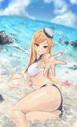 Rule 34 | 1girl, absurdres, ass, beach, blonde hair, blush, breasts, girls&#039; frontline, hat, highres, kimi (hearty yuuki), long hair, looking at viewer, lying, m2hb (girls&#039; frontline), medium breasts, mole, mole under eye, on side, orange eyes, smile, solo, swimsuit, thighs, water