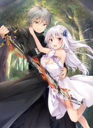Rule 34 | 1boy, 1girl, ahoge, arm around waist, bare shoulders, black coat, black pants, blush, breasts, butterfly hair ornament, cleavage, closed mouth, coat, commentary request, copyright request, day, dress, fang, fingernails, flaming sword, flaming weapon, forest, grey hair, hair between eyes, hair ornament, hand on another&#039;s shoulder, highres, holding, holding sword, holding weapon, long hair, looking at viewer, medium breasts, nature, open mouth, outdoors, pants, red eyes, sleeveless, sleeveless dress, smile, sword, tree, very long hair, weapon, white dress, yoshida iyo