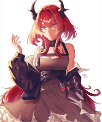 Rule 34 | 1girl, arknights, belt, belt pouch, black dress, black horns, black jacket, breasts, chest strap, cleavage, closed mouth, collarbone, commentary request, dated, demon horns, detached collar, dress, expressionless, hair between eyes, hand up, highres, horns, id card, jacket, kawaii inu5, long hair, long sleeves, medium breasts, off shoulder, pink eyes, pouch, red hair, simple background, solo, surtr (arknights), upper body, white background