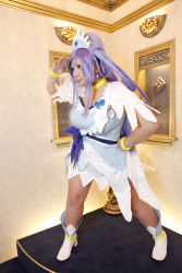 Rule 34 | 1girl, ankle boots, asian, blue eyes, blue hair, boots, bow, bracelet, breasts, choker, chouzuki maryou, cosplay, cure diamond, cure diamond (cosplay), dokidoki! precure, dress, hand on own hip, headpiece, highres, jewelry, large breasts, long hair, magical girl, matching hair/eyes, photo (medium), plump, ponytail, precure, puffy short sleeves, puffy sleeves, ribbon, salute, short sleeves, solo, tiara