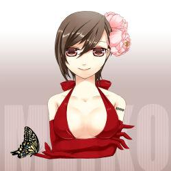 Rule 34 | barcode, breasts, bug, butterfly, cleavage, highres, insect, kamo (hase), large breasts, meiko (vocaloid), smile, vocaloid