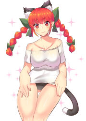 Rule 34 | 1girl, animal ears, bad arm, bare shoulders, blush, braid, breasts, cat ears, collarbone, cowboy shot, fang, fang out, gluteal fold, hagezizii, kaenbyou rin, large breasts, off-shoulder shirt, off shoulder, red eyes, shirt, skin fang, solo, sparkle, sparkle background, touhou, twin braids, v-shaped eyebrows