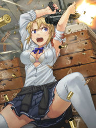 Rule 34 | 1girl, bandages, beretta m12, blind fire, blonde girl (itou), blonde hair, blood, blue eyes, bow, bow bra, bowtie, bra, breasts, bullet hole, casing ejection, cleavage, clothes around waist, firing, gun, gym storeroom, highres, holding, holding gun, holding weapon, indoors, injury, itou (onsoku tassha), lingerie, medium breasts, muzzle flash, open mouth, original, panties, pantyshot, popped button, ribbon, school uniform, shell casing, short hair, sitting, skirt, sleeves rolled up, solo, spread legs, submachine gun, sweat, sweater, sweater around waist, thighhighs, underwear, upper, upskirt, vaulting horse, weapon, white thighhighs