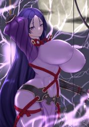 Rule 34 | 1girl, bodysuit, breasts, covered erect nipples, covered navel, fate/grand order, fate (series), highres, holding, holding sword, holding weapon, huge breasts, impossible bodysuit, impossible clothes, koneruhaiko, long hair, long sleeves, looking at viewer, minamoto no raikou (fate), purple bodysuit, purple eyes, purple hair, sideboob, skin tight, smile, sword, tabard, thick thighs, thighs, weapon, wide hips