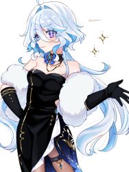 Rule 34 | 1girl, ahoge, alternate costume, bare shoulders, black choker, black dress, black gloves, blue eyes, blue hair, choker, commentary, cowboy shot, dress, feather boa, fishnet pantyhose, fishnets, furina (genshin impact), genshin impact, gloves, hair between eyes, hair intakes, heterochromia, highres, long hair, looking at viewer, pantyhose, purple eyes, simple background, smile, solo, standing, strapless, strapless dress, thigh strap, tofu (0tohuuuu), very long hair, white background