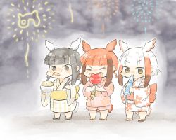 Rule 34 | 10s, 3girls, alternate costume, back bow, bird tail, bird wings, black-headed ibis (kemono friends), black hair, blush, bow, candy apple, child, chopsticks, closed eyes, commentary request, fireworks, food, head wings, japanese clothes, japanese crested ibis (kemono friends), japari symbol, kemono friends, kimono, moeki (moeki0329), multicolored hair, multiple girls, nose blush, open mouth, patterned clothing, red hair, sandals, scarlet ibis (kemono friends), short hair, sidelocks, tail, twintails, v-shaped eyebrows, white hair, wings, yukata