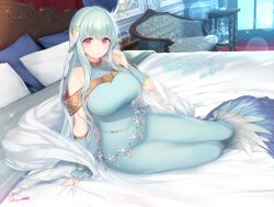 Rule 34 | 1girl, aqua hair, arm support, bare shoulders, bed, bed sheet, belt, blue dress, blush, breasts, closed mouth, commentary request, couch, dress, feather trim, fire emblem, fire emblem: the blazing blade, fire emblem heroes, full body, gold trim, hair ornament, hand up, highres, indoors, kashiwamochi yomogi, large breasts, long dress, long hair, looking at viewer, ninian (fire emblem), nintendo, pillow, red eyes, simple background, sleeveless, smile, solo, sparkle