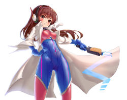 Rule 34 | 1girl, adapted costume, blue gloves, bodysuit, boots, bracer, breasts, breasts apart, brown eyes, brown hair, closed mouth, coat, commentary, covered navel, cowboy shot, d.va (overwatch), ehart, facepaint, facial mark, gloves, gun, hair between eyes, hand on own hip, hand up, headphones, holding, holding weapon, legs apart, long hair, long sleeves, looking at viewer, matching hair/eyes, medium breasts, open clothes, open coat, overwatch, overwatch 1, pilot suit, pink footwear, ribbed bodysuit, simple background, skin tight, sleeves rolled up, smile, solo, taser, thigh boots, thighhighs, turtleneck, weapon, whisker markings, white background, white coat
