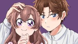 Rule 34 | 1boy, 1girl, arms up, blush, close-up, couple, delicious party precure, hands in hair, hands on own head, highres, long hair, long sleeves, miri (crafimiri), nagomi yui, own hands together, pale skin, photo shoot, precure, purple background, raised eyebrows, shinada takumi, shirt, short hair, smile, two-tone eyes, white shirt