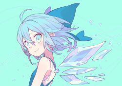 Rule 34 | 1girl, absurdres, adapted costume, ahoge, aqua background, blue bow, blue dress, blue eyes, blue hair, bow, cirno, closed mouth, commentary request, detached wings, dress, from side, hair between eyes, hair bow, highres, ice, ice wings, looking at viewer, looking to the side, morino hon, pinafore dress, shirt, shochuumimai, short hair, sidelocks, sketch, sleeveless, sleeveless dress, sleeveless shirt, smile, solo, touhou, upper body, white shirt, wings