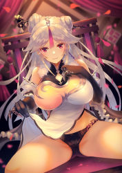 Rule 34 | 1girl, bad id, bad pixiv id, black gloves, black panties, breasts, china dress, chinese clothes, claw ring, closed mouth, clothes lift, commentary request, dress, dress lift, elbow gloves, fur collar, genshin impact, gloves, hair ornament, hair stick, hairpin, hand on own chest, high collar, large breasts, lifted by self, long hair, looking at viewer, multicolored clothes, multicolored dress, ningguang (genshin impact), panties, parted bangs, petals, red eyes, sidelocks, sitting, smile, solo, spread legs, tanaka ken&#039;ichi, underwear, very long hair, white hair, yellow dress