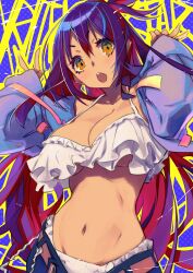 Rule 34 | 1girl, absurdres, bikini, blue hair, breasts, cardigan, character request, cleavage, copyright request, dark-skinned female, dark skin, frilled bikini, frills, highres, king rooper, large breasts, long hair, midriff, multicolored hair, open cardigan, open clothes, open mouth, orange eyes, red hair, solo, swimsuit